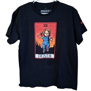 Childs Play Chucky Tarot Card  SS Graphic Tee Black Large Horror Preowned Unisex